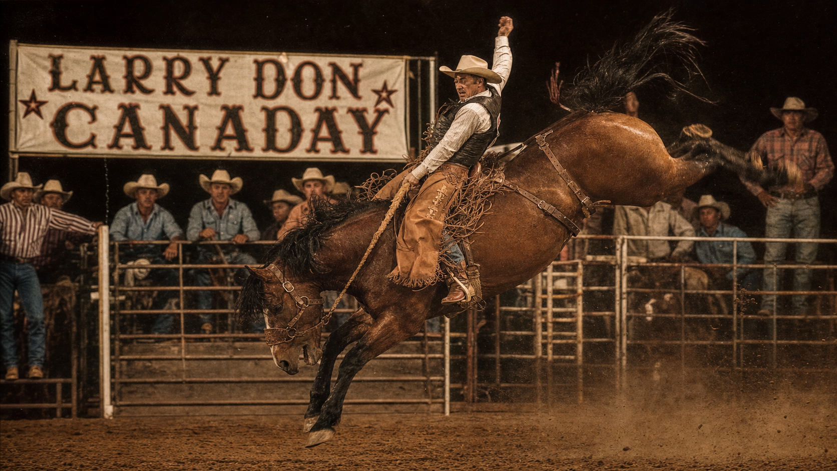 AI tribute: Larry Don Canaday on a bucking bull, Texas Panhandle arena, late 1980s