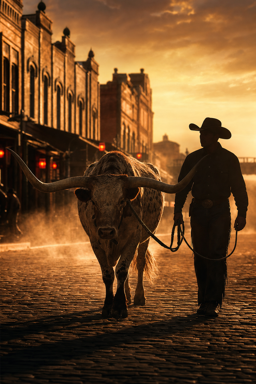 Fort Worth Stockyards at dusk — longhorn cattle, Exchange Avenue