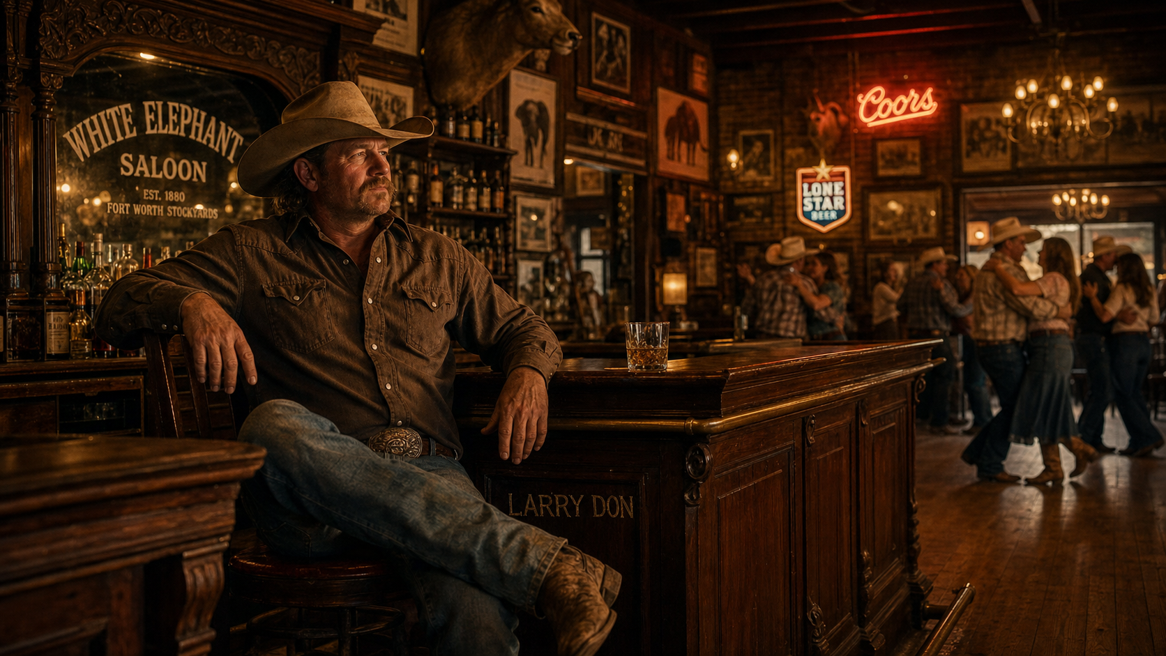Larry Don Canaday at the White Elephant Saloon, Fort Worth Stockyards — a real Texas cowboy at the end of the bar