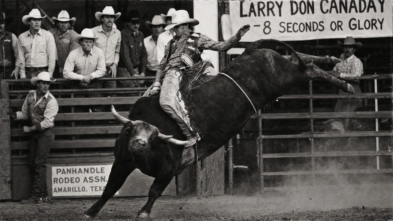 Larry Don Canaday riding a bucking bull at a Texas Panhandle rodeo, late 1980s